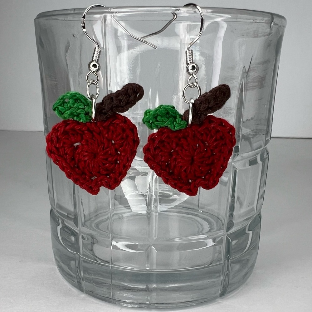 Handmade Crochet Apple Earrings on Hypoallergenic White Gold Plated Hooks Red - Picture 5 of 6